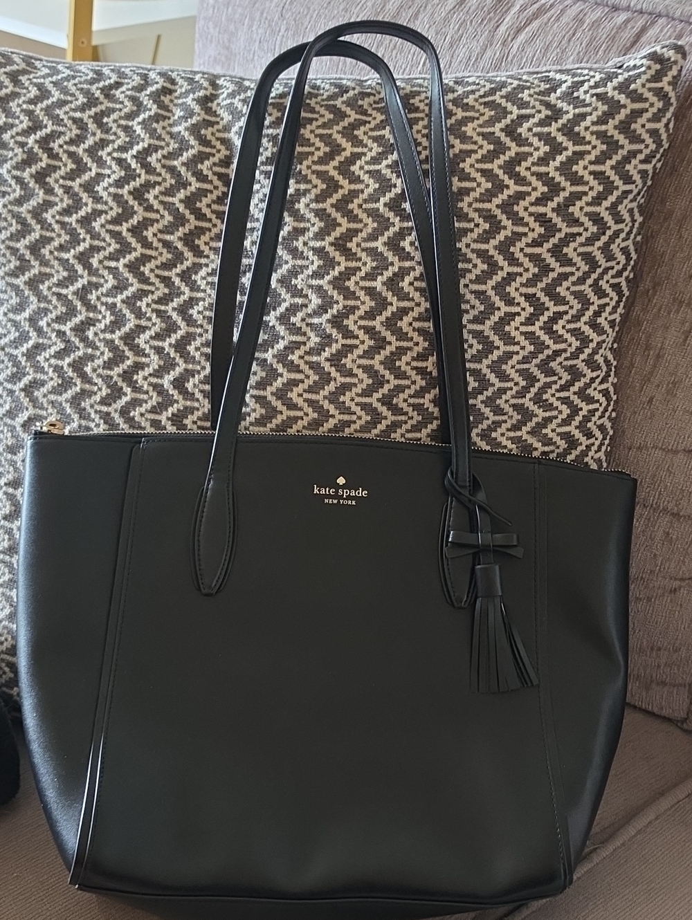 kate spade Black Leather Tote with Tassel Charm